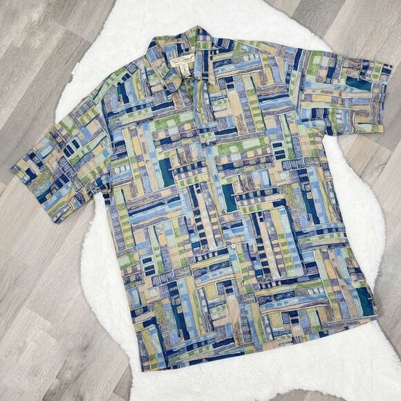 Tori Richard Geometric Print Button Up Camp Hawaiian Shirt Blue Green Tan Medium - Picture 6 of 11